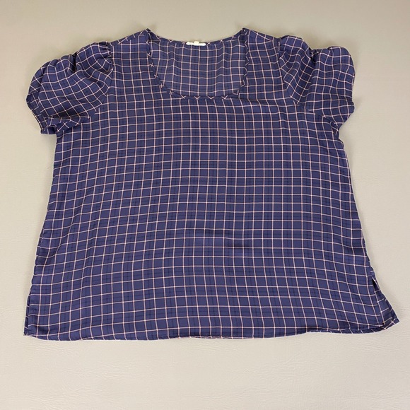 Maurices  Blouse Top Plus Size‎ 2X Blue Pink Grid Plaid Puff Sleeve Peasant - Picture 1 of 11